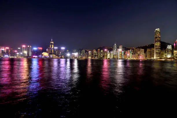 Night Lights View of Hong Kong Island & Victoria Harbour. Beautiful Lights and serene waters of the Victoria Harbour