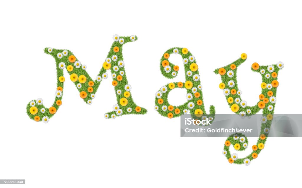 May, month name written in flowers, marigolds and daisies. Text, word. Photo composite. May Stock Photo