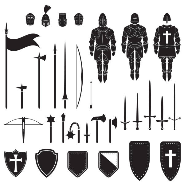 warriors-serie - mittelalterlichen ritter ausrüstung, waffen und rüstungen. vektor. - weapon spear medieval lance stock-grafiken, -clipart, -cartoons und -symbole