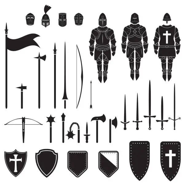 Vector illustration of Warriors series - Medieval knights equipment, weapons and armor. Vector.