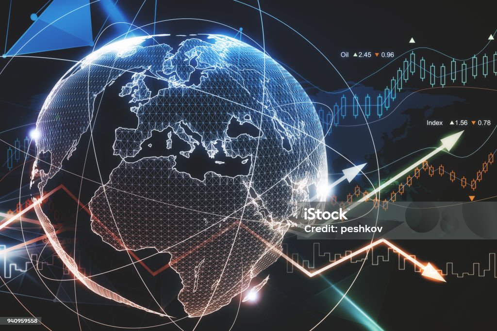 Global business and trade concept Abstract glowing forex planet background. Global business and trade concept. 3D Rendering Global Business Stock Photo