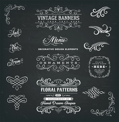 Illustration of a set of vintage corners and borders elements, with calligraphic floral shapes, ampersand, patterns and old-fashioned frame design on chalkboard