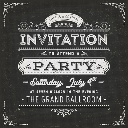 Illustration of a vintage fabric textured poster with invitation message to a party, with floral patterns and hand-drawned corners on chalkboard background