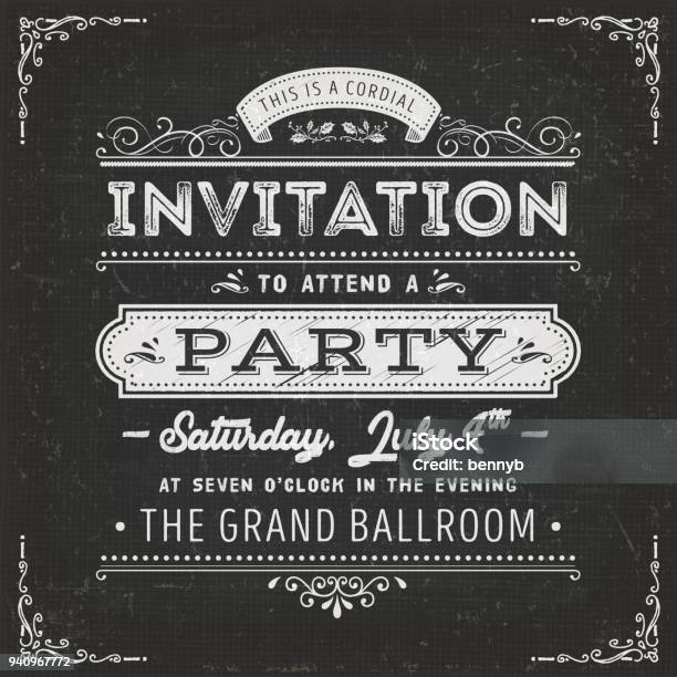 Vintage Party Invitation Card On Chalkboard Stock Illustration - Download Image Now - Retro Style, Old-fashioned, Chalkboard - Visual Aid