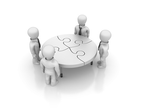 Business Teamwork with Puzzle Table - White Background - 3D Rendering