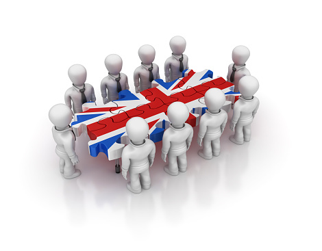 Business Teamwork with UK Flag Puzzle Table - White Background - 3D Rendering