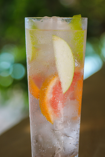 Fruity Frozen Gin Tonic with Ice Cubes in tall glass with soft green background, summer feeling!
