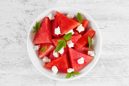 Fresh watermelon salad with feta cheese from above.