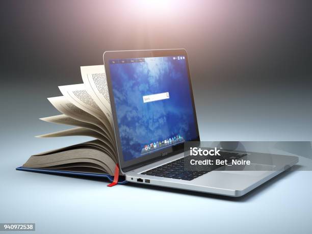 Online Library Or Elearning Concept Open Laptop And Book Compilation Stock Photo - Download Image Now