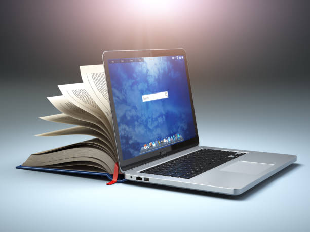 online library or e-learning concept. open laptop and book compilation. - online university imagens e fotografias de stock