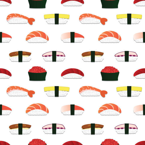 ilustraciones, imágenes clip art, dibujos animados e iconos de stock de sushi nigiri de patrones sin fisuras. vector. - sushi cartoon food wallpaper pattern