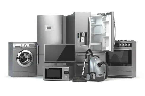 Photo of Home appliances. Set of household kitchen technics isolated on white background. Fridge, gas cooker, microwave oven, washing machine and vacuum cleaner. 3d