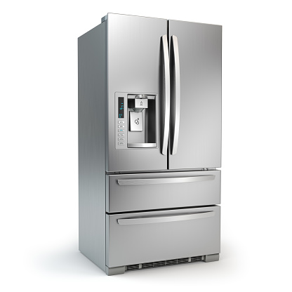 Fridge freezer. Side by side stainless steel refrigerator  with ice and water system isolated on white background. 3d illustration