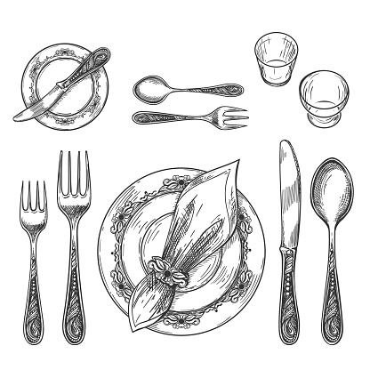 Table setting drawing. Hand drawing dinnerware with napkin in ring and plate, decorative fork and knife sketch and glass on table for etiquette formal restaurant dining setting, vector illustration