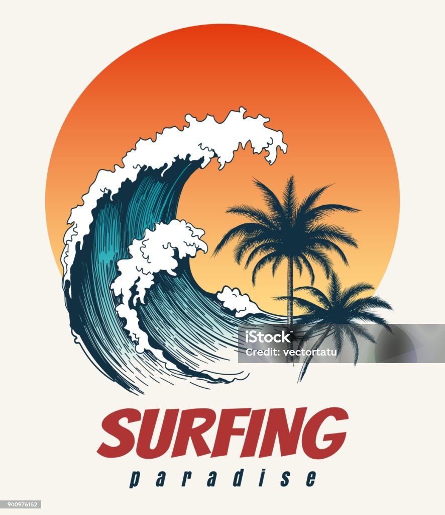 Surfer big wave retro poster Surfer big wave. Ocean wave surfing hawaii or california paradise vector retro poster Surfing stock vector