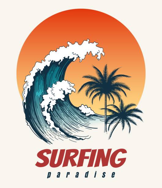 Surfer big wave retro poster Surfer big wave. Ocean wave surfing hawaii or california paradise vector retro poster breaking wave stock illustrations