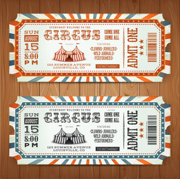 Vintage Retro Circus Tickets Illustration of two circus tickets, with big top, admit one coupon mention, bar code and text elements for arts festival events, on wood tiles background circus stock illustrations