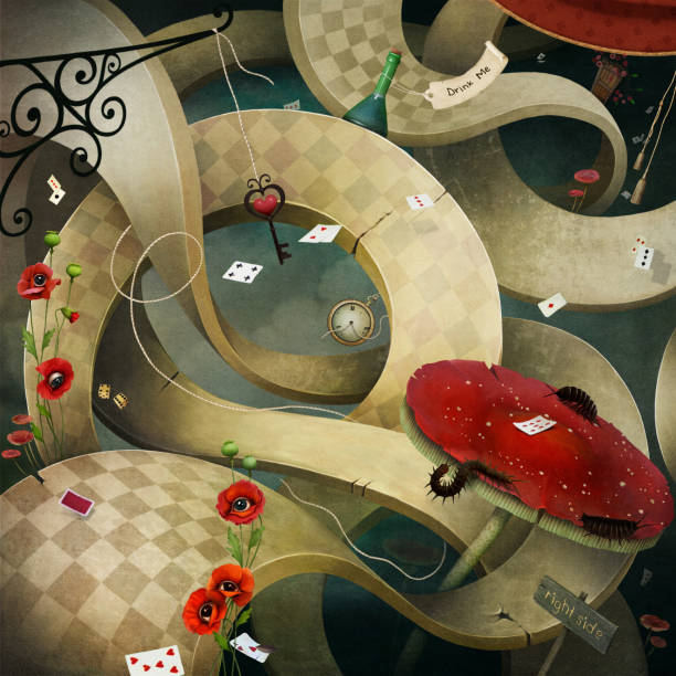 Fantastic illustration Wonderland Conceptual fantasy background for illustration or poster or photo wallpaper with muddle road Wonderland . Computer graphics. alice in wonderland stock illustrations