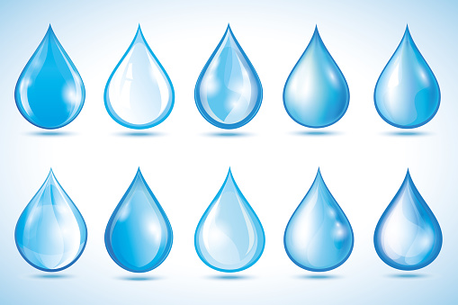 Set of different glowing 3d water drops isolated on blue - white background. Collection of nature objects, graphic design elements, icons or logo. Vector illustration