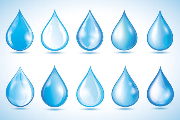 Set of different water drops isolated Set of different glowing 3d water drops isolated on blue - white background. Collection of nature objects, graphic design elements, icons or logo. Vector illustration drop stock illustrations