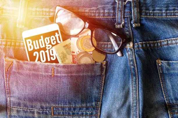 Photo of budget 2019 inscription on phone screen / Smartphone in front jeans pocket with eye glasses and Algeria coin money