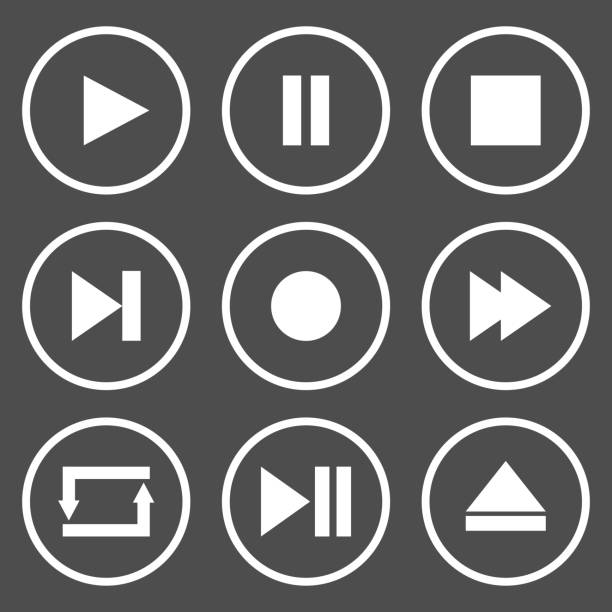 미디어 플레이어 컨트롤 버튼입니다. 재생, 일시 정지, 정지, 기록, 앞으로, 되감기, 이전, 다음, 추출, 반복 아이콘. 벡터 - resting interface icons play symbol stock illustrations