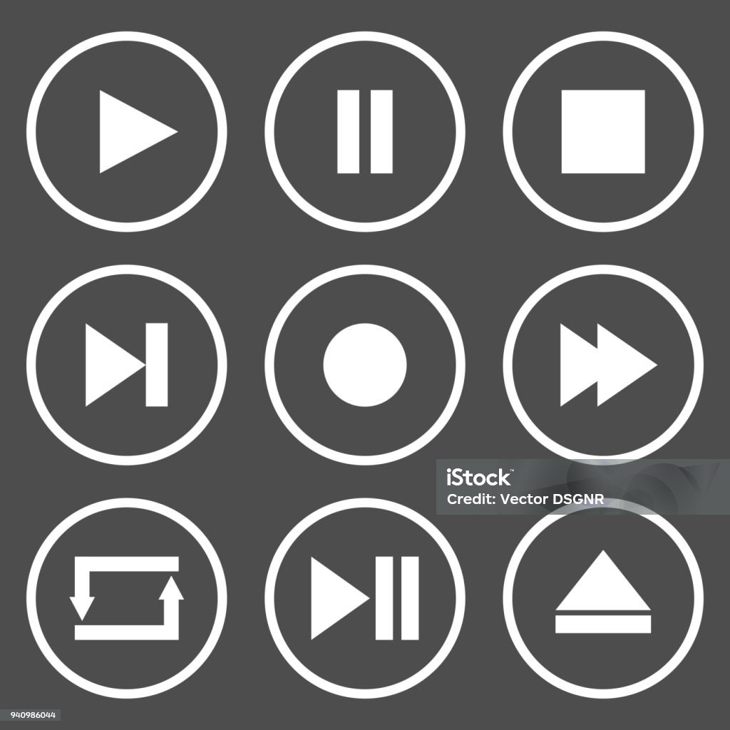 Media player control buttons. Play, pause, stop, record, forward, rewind, previous, next, eject, repeat  icon. Vector Media player control buttons. Play, pause, stop, record, forward, rewind, previous, next, eject, repeat  icon. Vector. Play Button stock vector