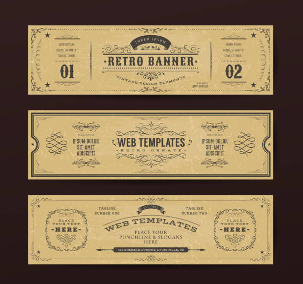 Vintage Website Banners Templates Illustration of a set of retro design web header templates, with banners, floral patterns and ornaments on chalkboard wide background retro and vintage frames stock illustrations