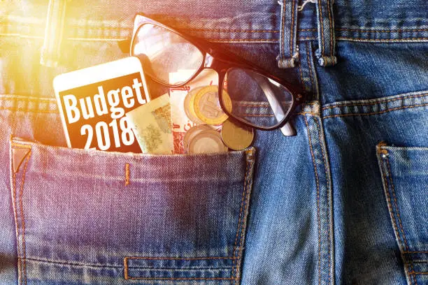 Photo of budget 2018 inscription on phone screen / Smartphone in front jeans pocket with eye glasses and Algeria coin money