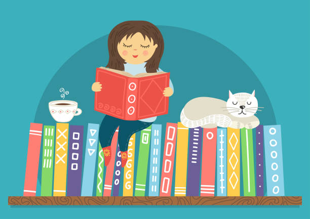 ilustrações de stock, clip art, desenhos animados e ícones de girl reading book. - book book spine in a row library