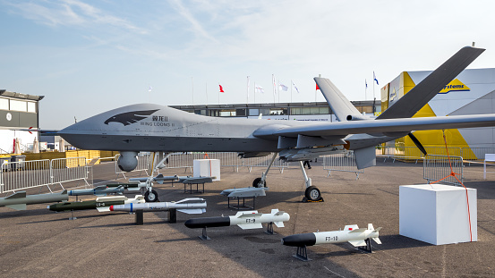 PARIS, FRANCE - JUN 22, 2017: Chinese Chengdu Aircraft Industry Group (CAIG) Wing Loong II  military UAV drone showcased at the Paris Air Show 2017.