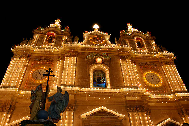 istock Maltese Church lit up for the village feast 94099016