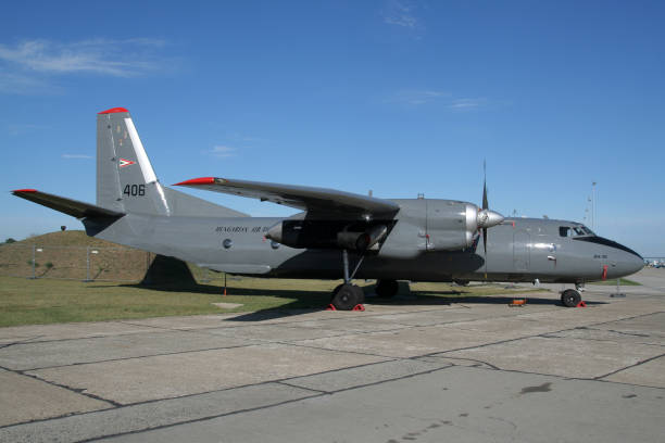 Antonov An-26 cargo plane KECSKEMET, HUNGARY - AUG 17, 2008: Hungarian Air Force Antonov An-26 cargo plane at the Kecsemet Airshow. antonov an 26 stock pictures, royalty-free photos & images