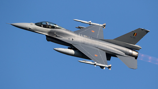 LEEUWARDEN, THE NETHERLANDS - MRT 28, 2017: Belgian Air Force F-16 fighter jet plane taking off during NATO exercise Frisian Flag