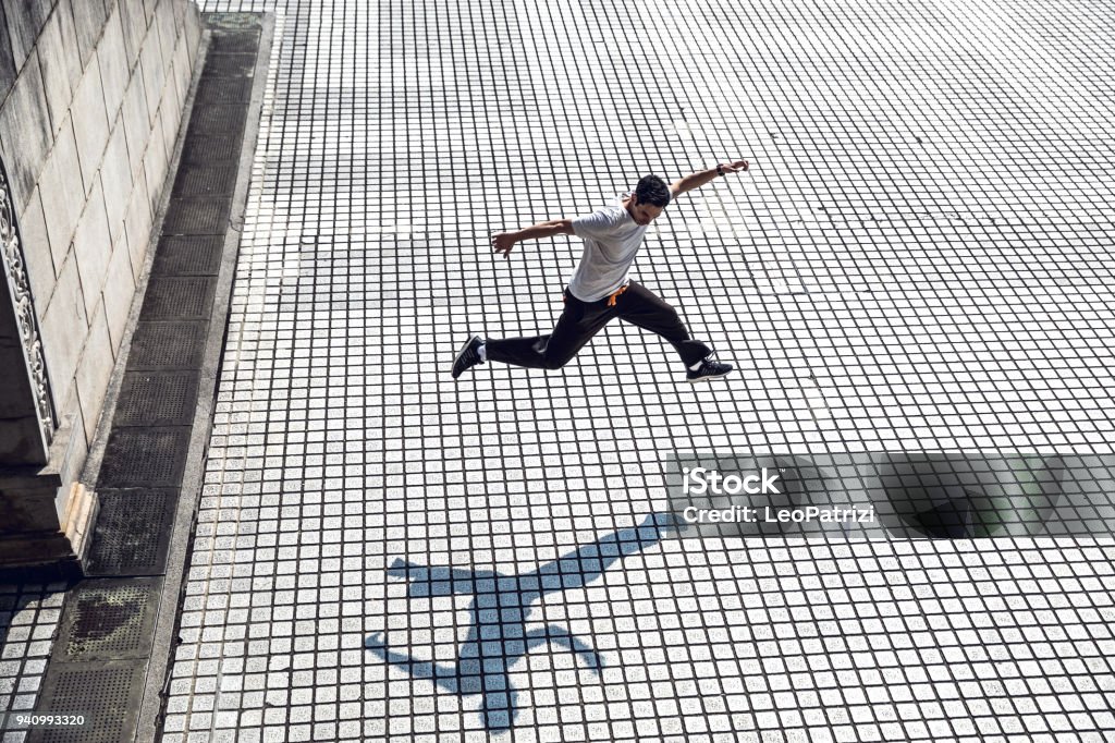Parkour - Man in jumping and exercising on free running in Taiwan - Taipei Free Running Stock Photo