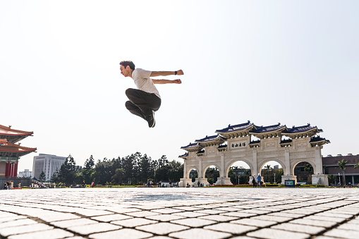 Parkour - Man in jumping and exercising on free running in Taiwan - Taipei