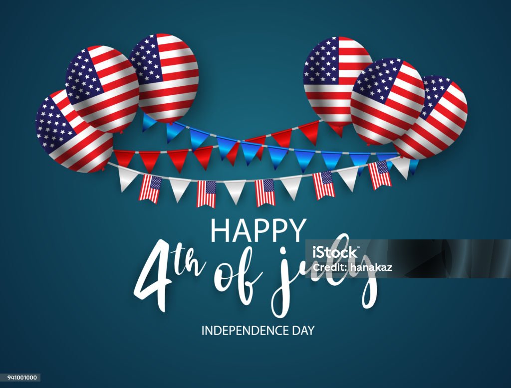 Happy 4th of July holiday banner. USA Independence Day Background. with Ribbon and Balloon Circa 4th Century stock vector