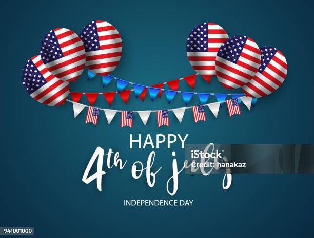 Happy 4th Of July Holiday Banner Usa Independence Day Background With Ribbon And Balloon Stock Illustration - Download Image Now