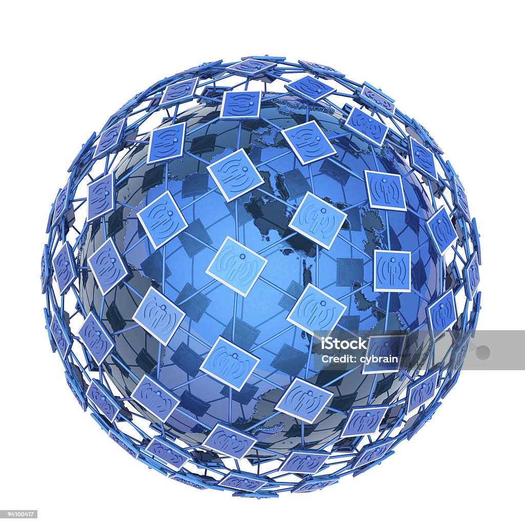 A blue globe covered in tablets signifying a global network Computer social network round globe. Hi-res digitally generated image. Globe outlines from NASA site. Blue Stock Photo