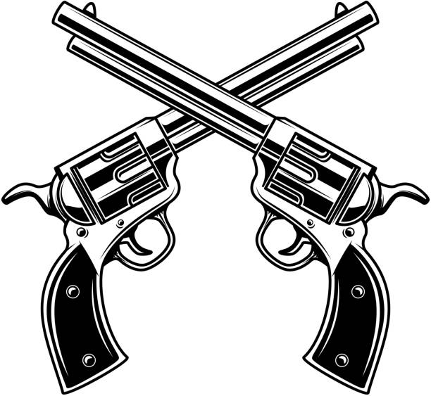 ilustrações, clipart, desenhos animados e ícones de modelo de brasão de armas com revólveres cruzados. elemento de design para o rótulo, o emblema, o sinal. - handgun