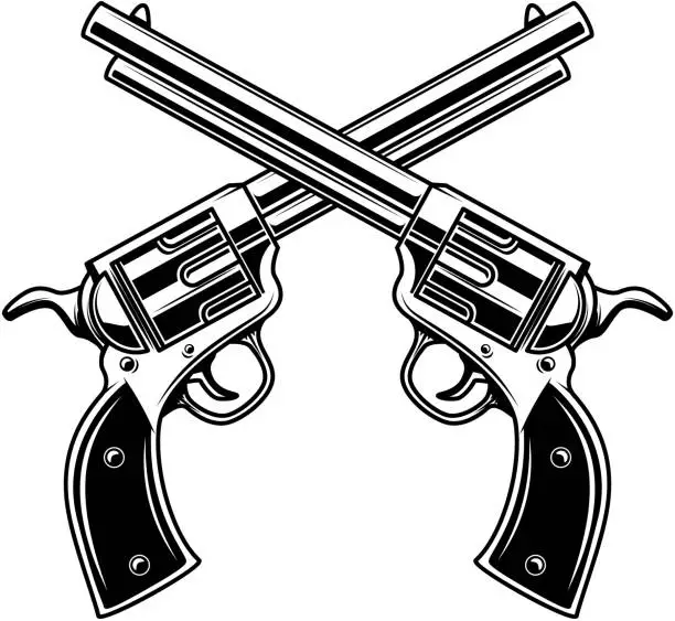 Vector illustration of Emblem template with crossed revolvers. Design element for label, emblem, sign.