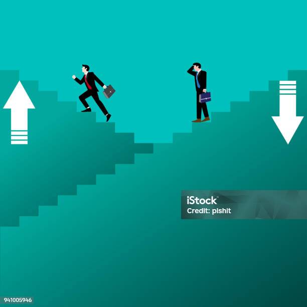 Businessman On Staircase Up And Down Stock Illustration - Download Image Now - Adult, Adults Only, Business