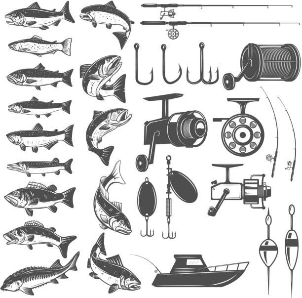 set von fischerei-icons. fisch-symbole, angelruten. gestaltungselement für label, wahrzeichen, zeichen. - catch of fish sport black and white activity stock-grafiken, -clipart, -cartoons und -symbole