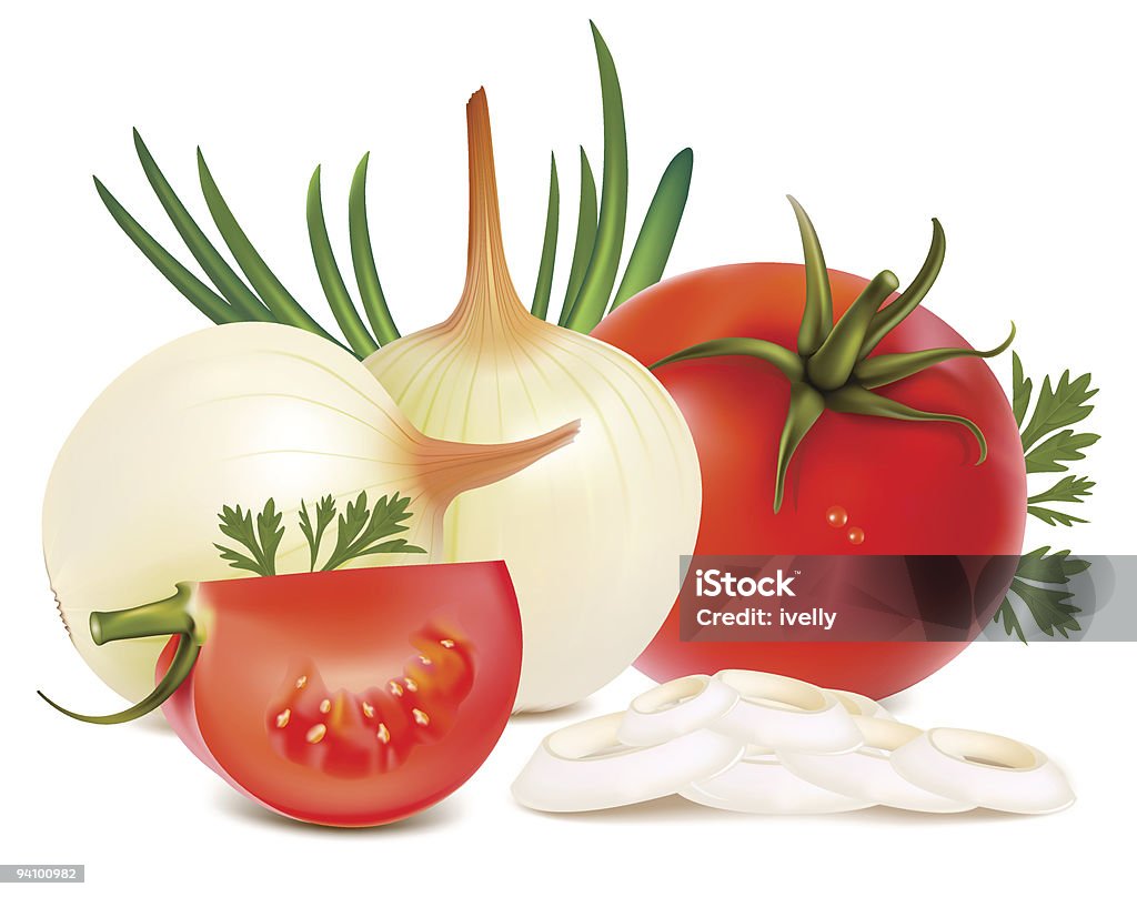 Légumes: Oignons et des tomates. - clipart vectoriel de Aliment cru libre de droits