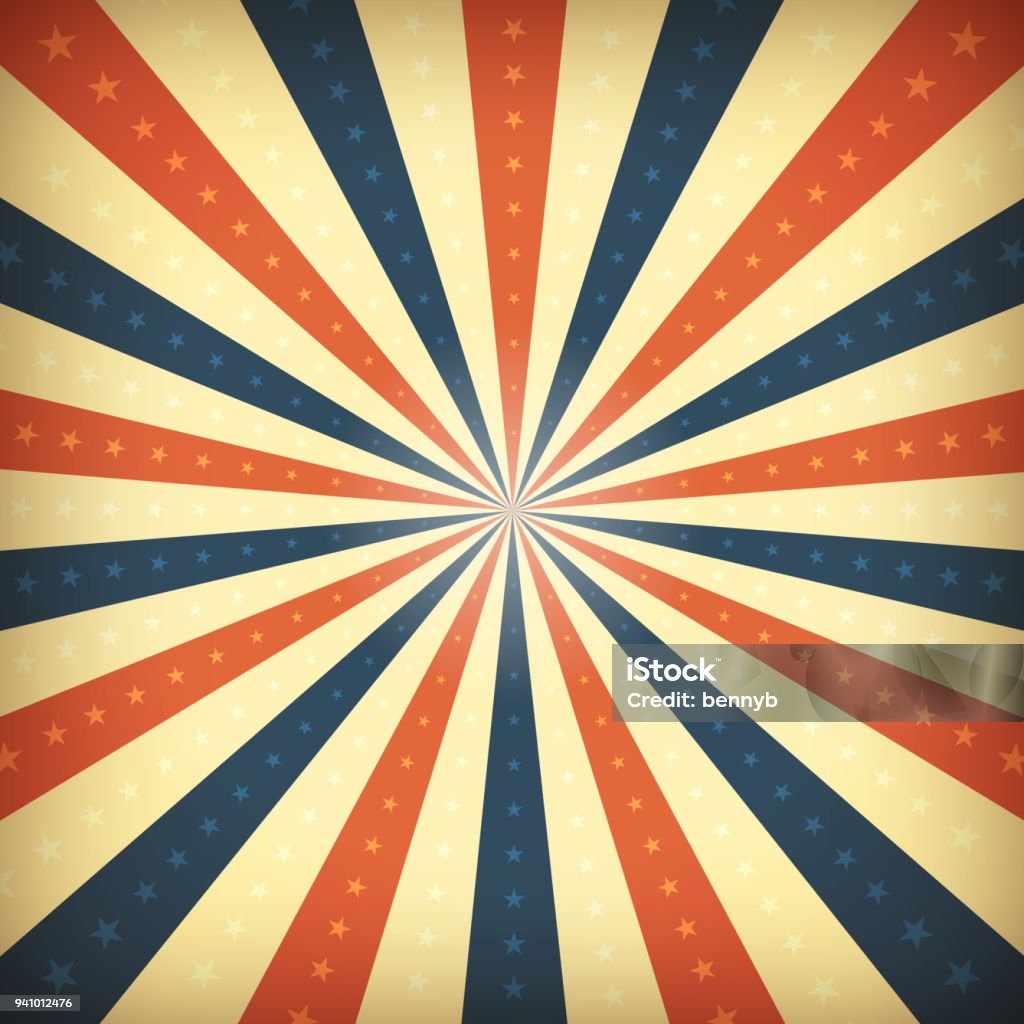 American Vintage Background Illustration of an abstract vintage and retro american patriotic poster, with sunbeams background, stars and stripes for fourth of july holiday Circus stock vector