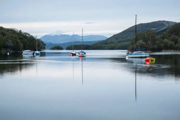 Calm Coniston Water landscape in late evening.