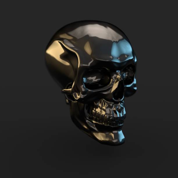 istock Black glossy skull with light reflections isolated on black background 941013124