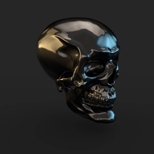 istock Black glossy skull with light reflections isolated on black background 941013138