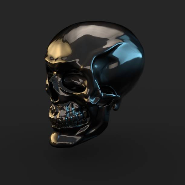 istock Black glossy skull with light reflections isolated on black background 941013208