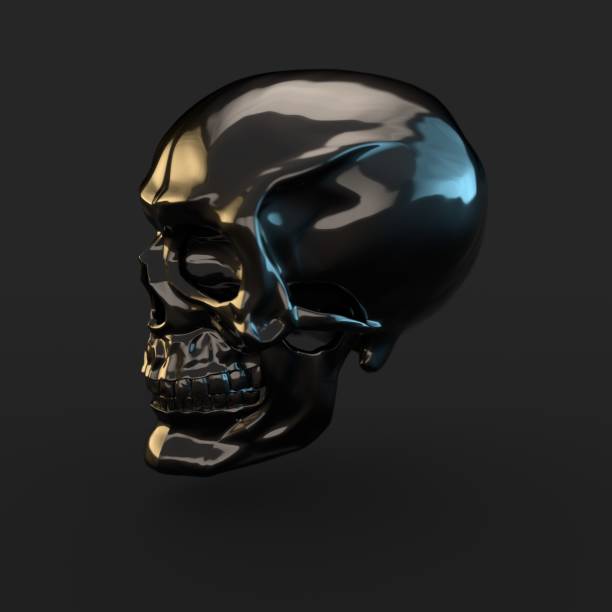 istock Black glossy skull with light reflections isolated on black background 941013218